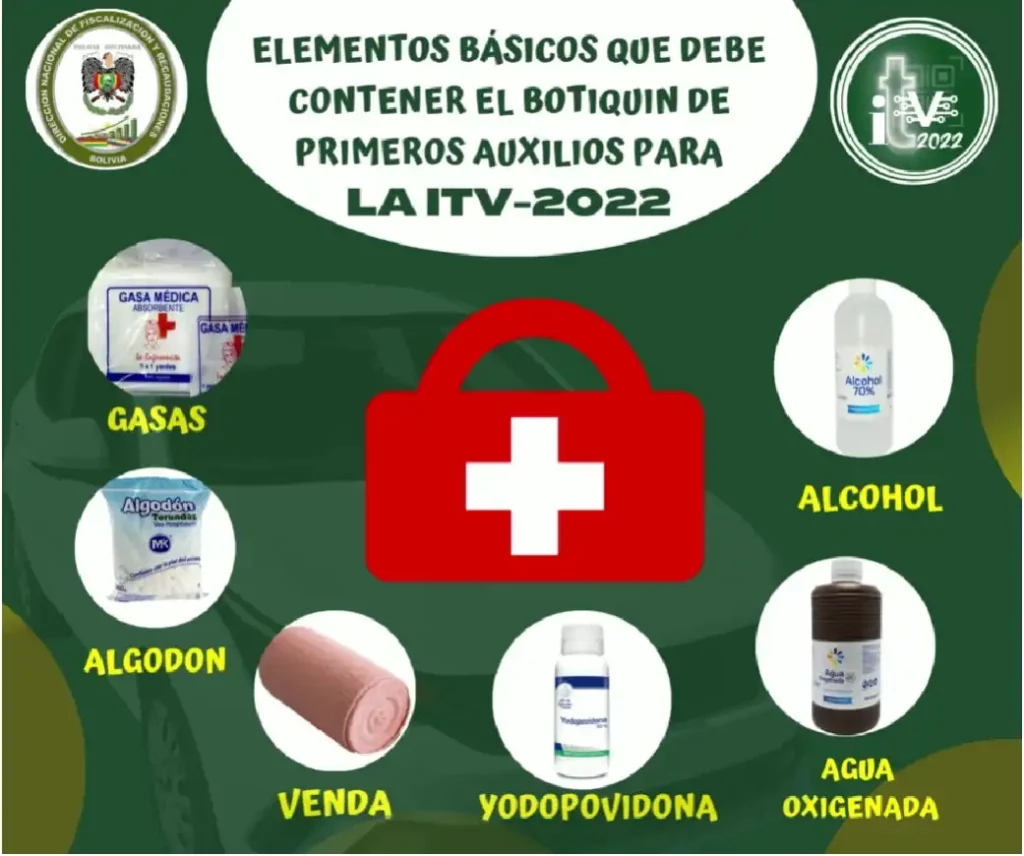 Elementos básicos del botiquin de primeros auxilios para la IVT inspeccion tecnica vehicular bolivia