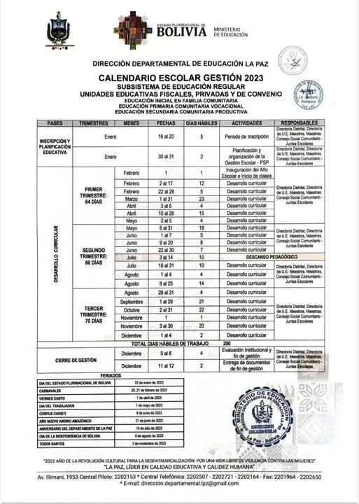 Calendario Escolar Bolivia La Paz