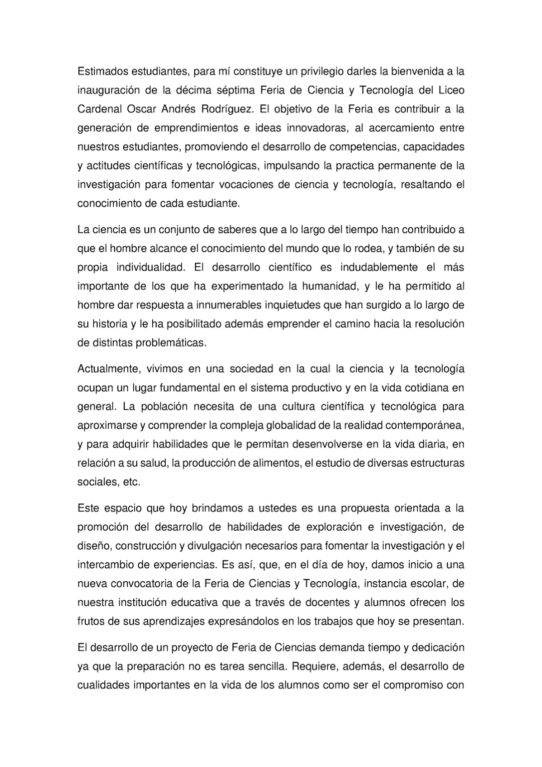 DISCURSO PARA FERIA DE CIENCIAS 2025 DISCURSO PARA FERIA DE CIENCIAS 2025
