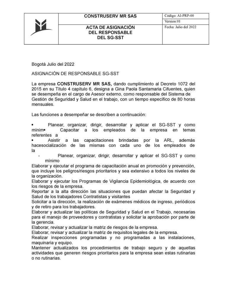 Modelo De Carta De Asignación De Funciones 2024