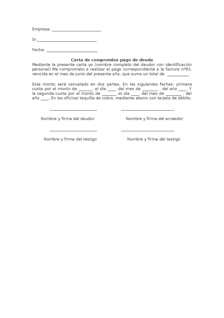 Modelo de carta de compromiso de pago por deuda 2025