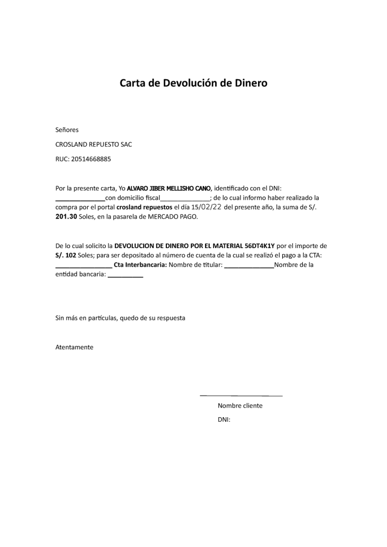 Ejemplo de carta pidiendo devolucion de un pago
